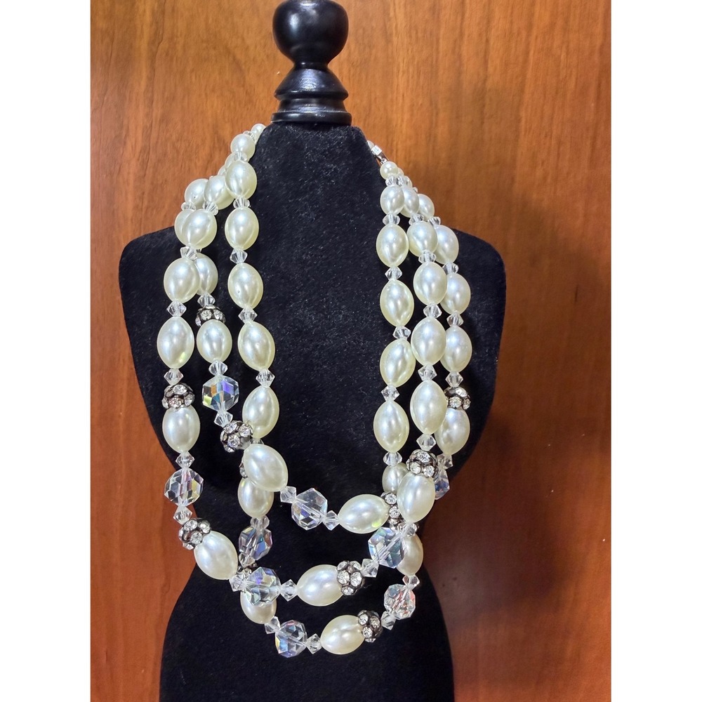 Triple Strand Faux Pearl Aurora Borealis Crystal Rhinestone Necklace Art Deco